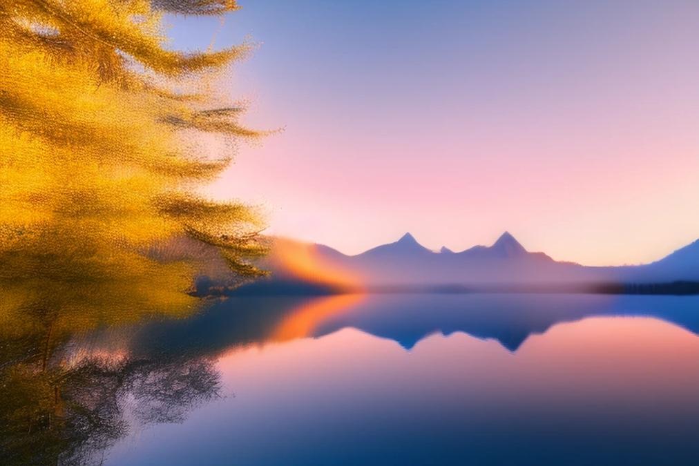 A breathtaking landscape of a serene mountain lake at sunrise
